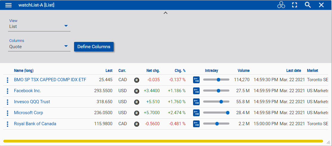 Adding columns using the list widget's title bar.